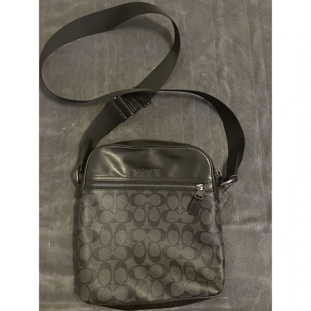 Coach Signature Canvas Crossbody Bag Unisex Black Gray‎ Used Once
